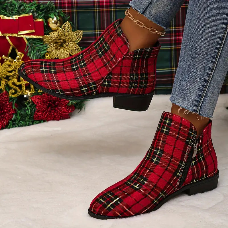 Ankle Boots Checked Pattern Side Zipper