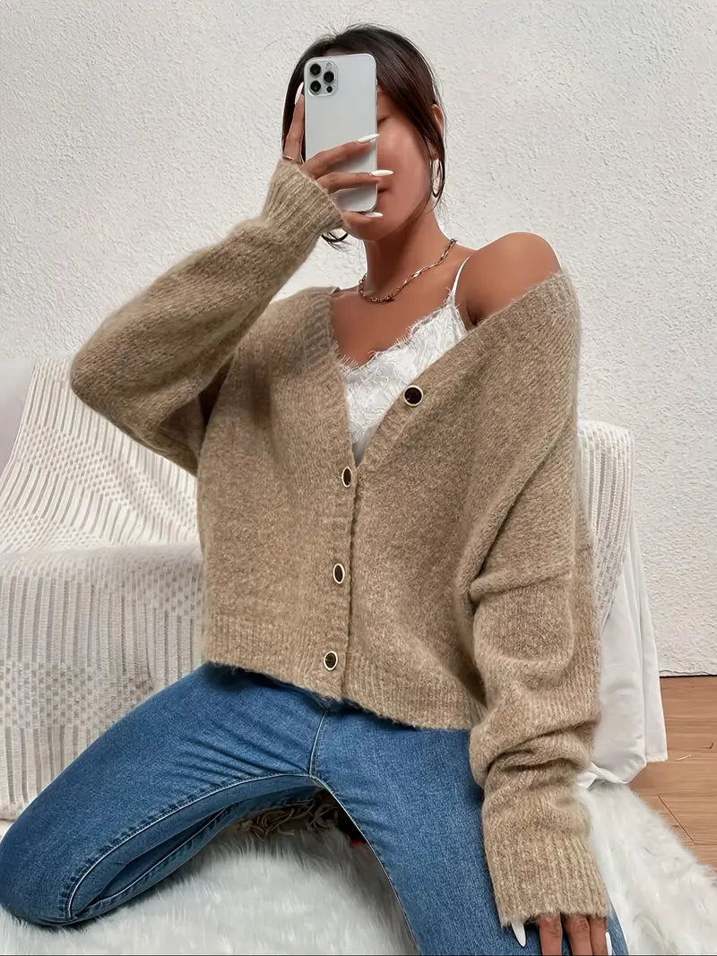 Women’s Oversized Cardigan Long Sleeve V-Neck Button Placket