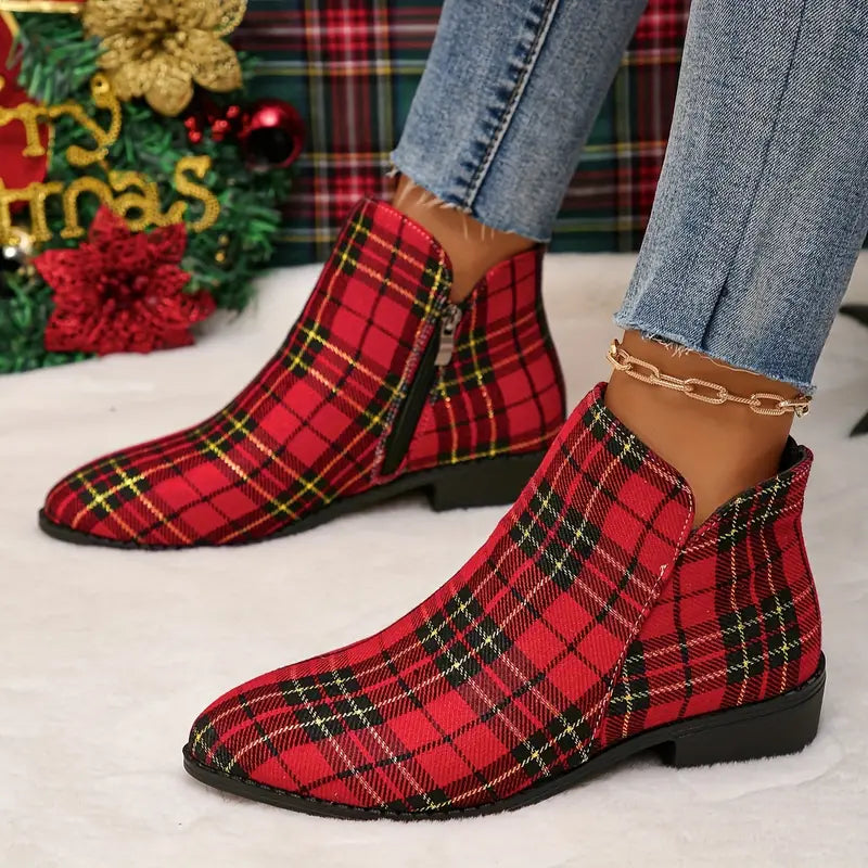 Ankle Boots Checked Pattern Side Zipper