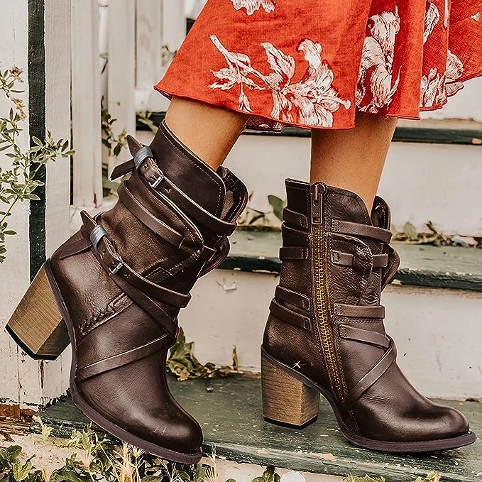 Ankle Boots V-Shaped Opening Side Buckles