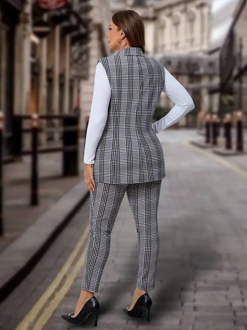 Plus Size Plaid Print Two-Piece Set Double-Breasted Jacket Straight-Leg Trousers