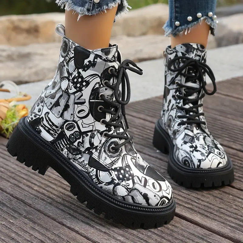 Ankle Boots Cartoon Print Rounded Toe