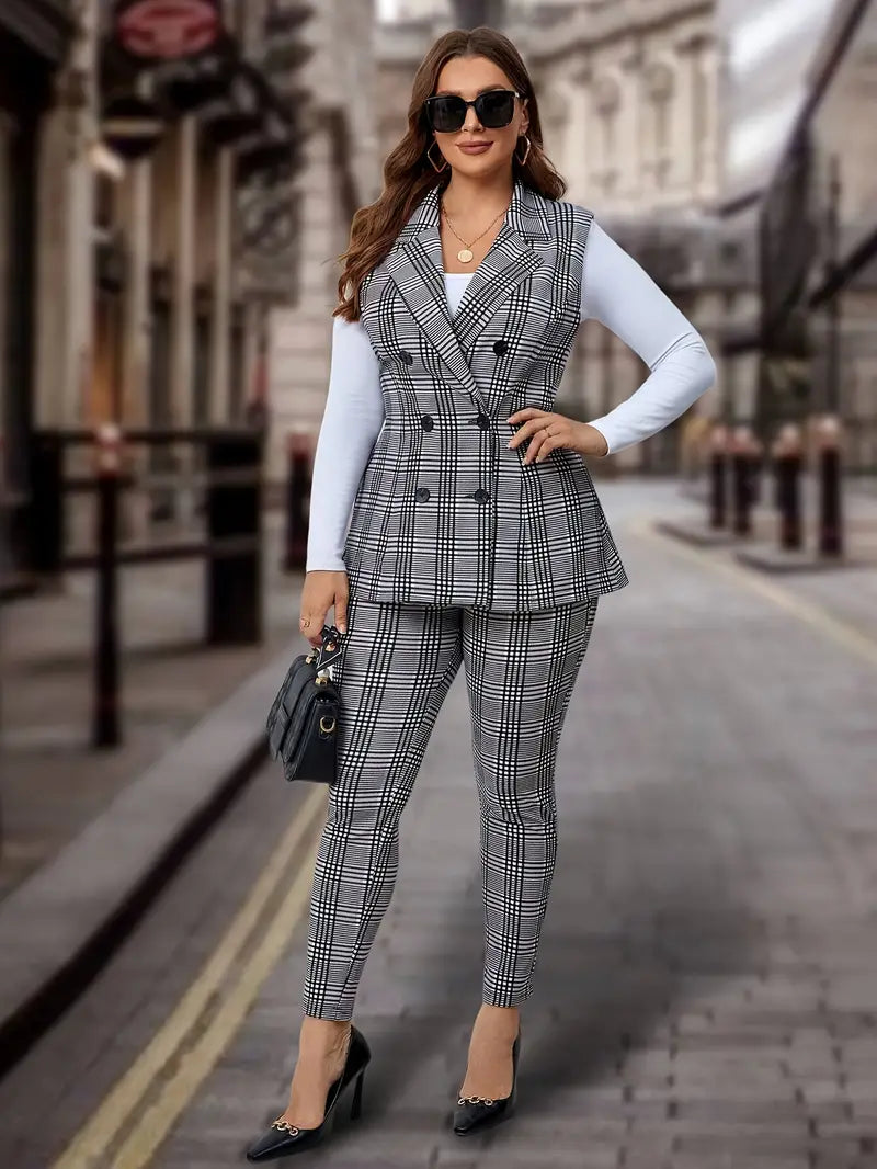 Plus Size Plaid Print Two-Piece Set Double-Breasted Jacket Straight-Leg Trousers