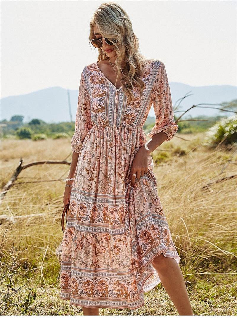 Boho Maxi Dress Loose Fit V-Neck