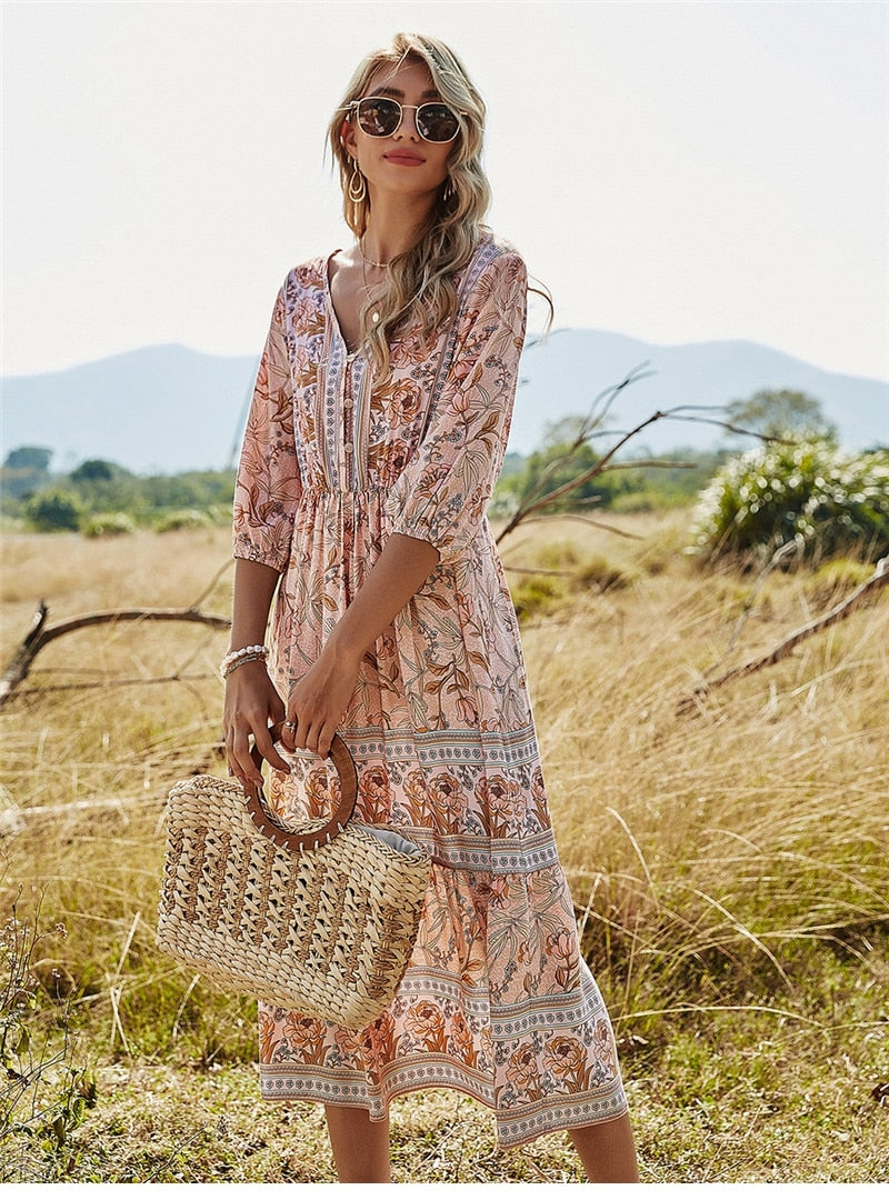Boho Maxi Dress Loose Fit V-Neck
