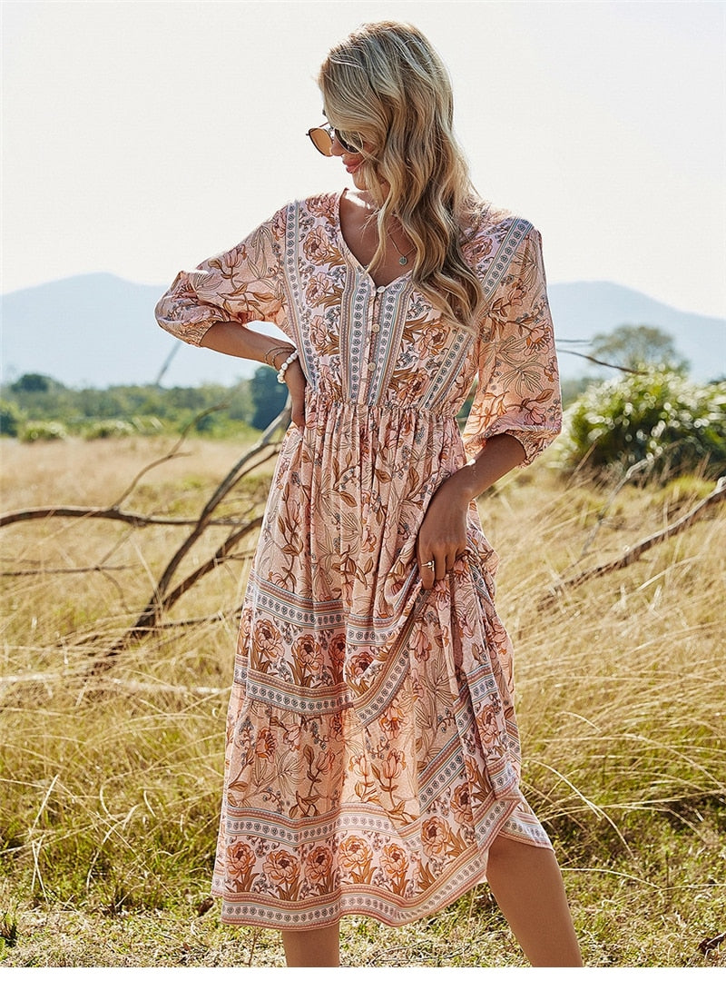 Boho Maxi Dress Loose Fit V-Neck