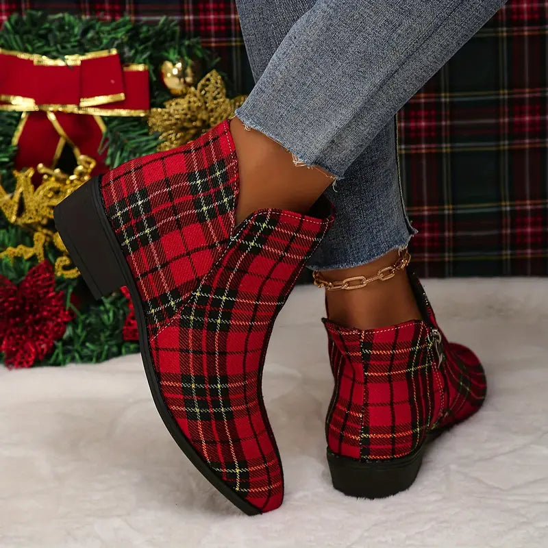 Ankle Boots Checked Pattern Side Zipper