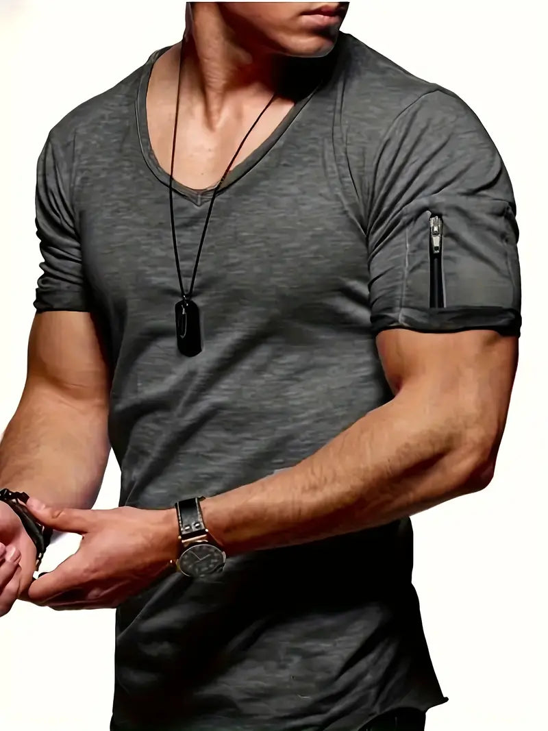 Slim Fit T-Shirt with V-Neck and Zip Detail