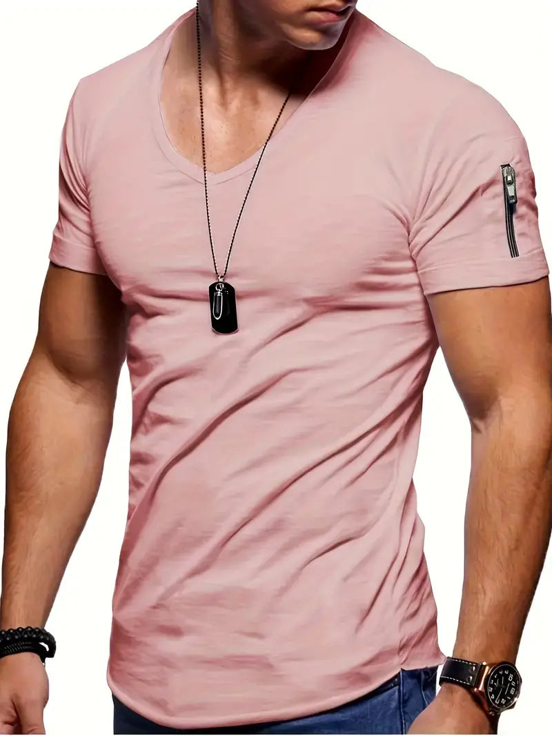 Slim Fit T-Shirt with V-Neck and Zip Detail