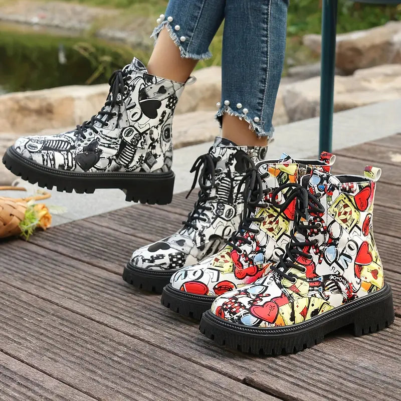 Ankle Boots Cartoon Print Rounded Toe