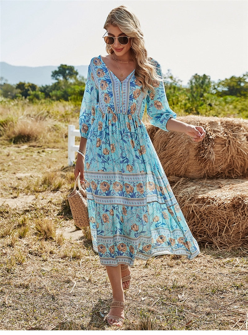 Boho Maxi Dress Loose Fit V-Neck