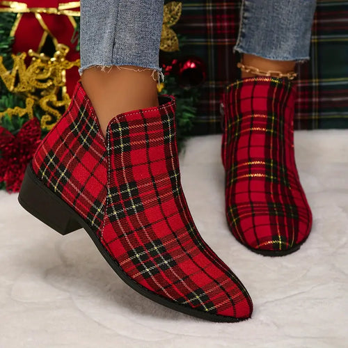 Ankle Boots Checked Pattern Side Zipper