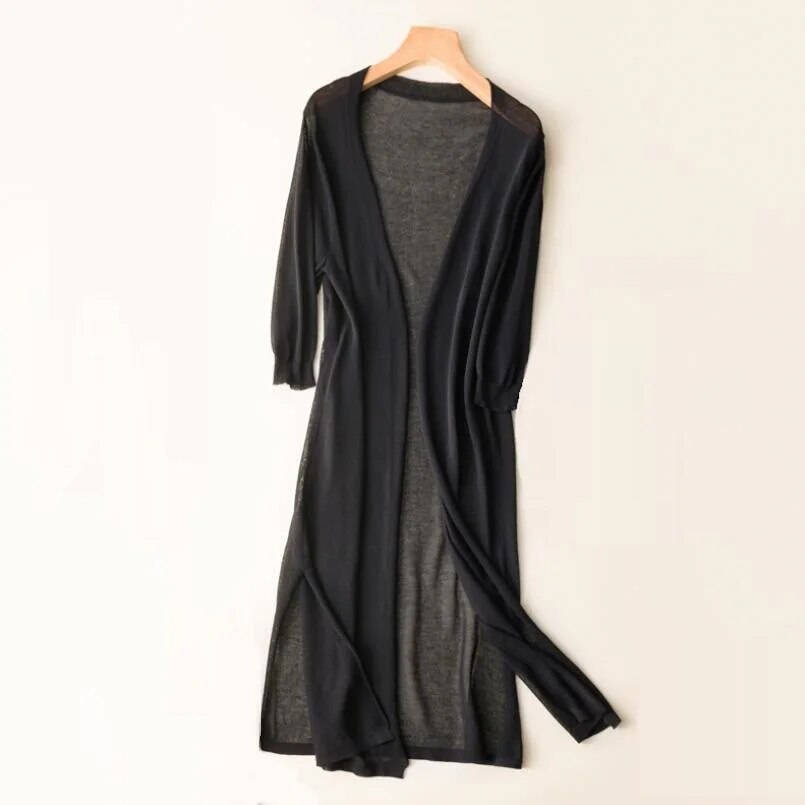 Long Knit Cardigan Open Front Straight Fit