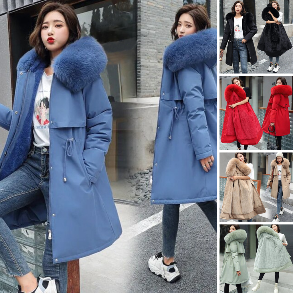 Long Wool Coat Straight Shape Full Length with Detachable Hood and Fur Collar