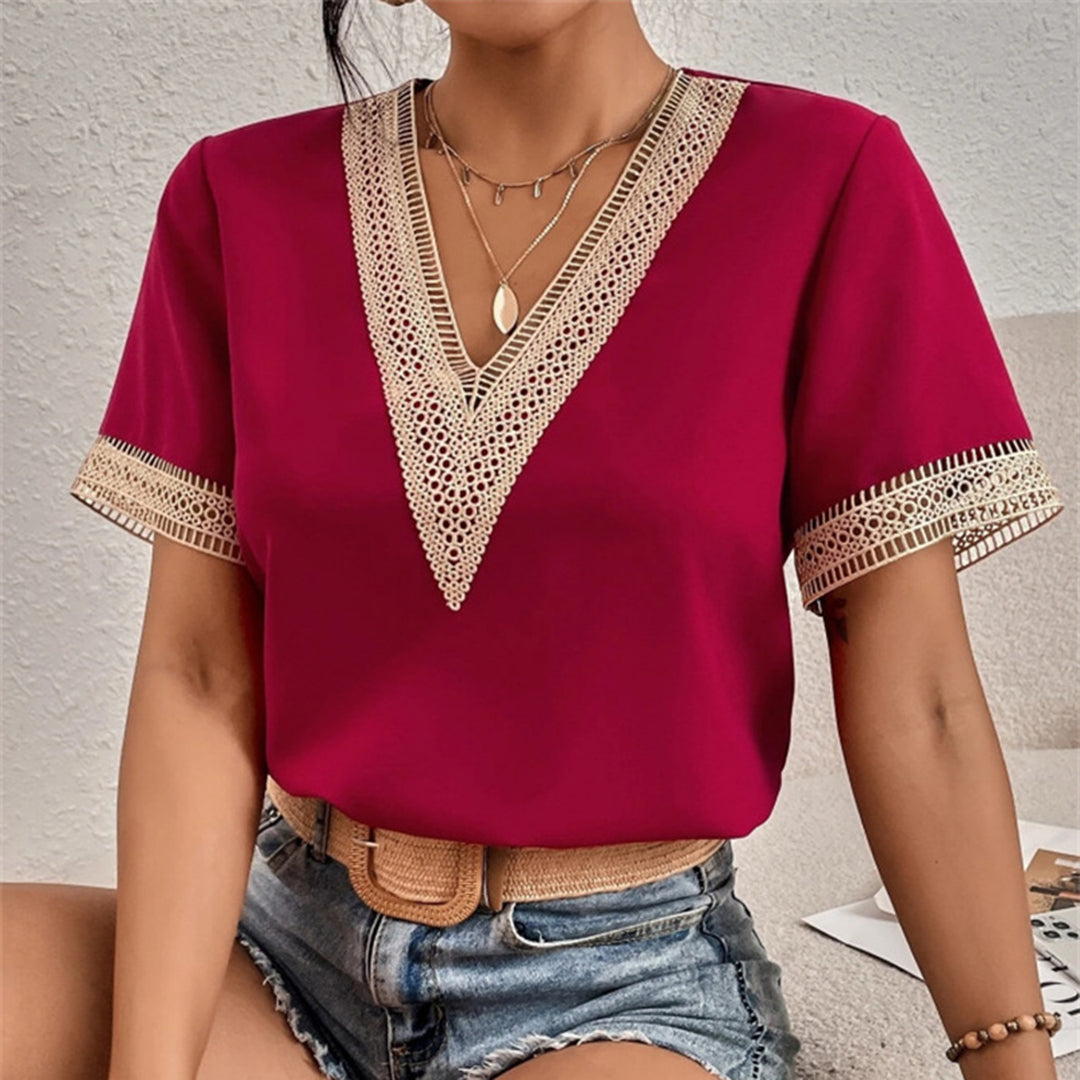 V-Neck Blouse Loose Fit Lace Trim