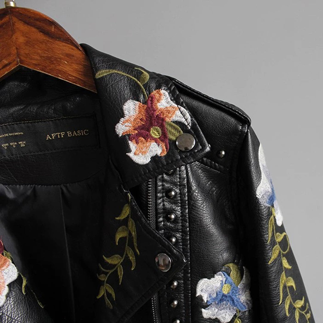 Jacket Straight Cut Hip-Length with Floral Embroidery