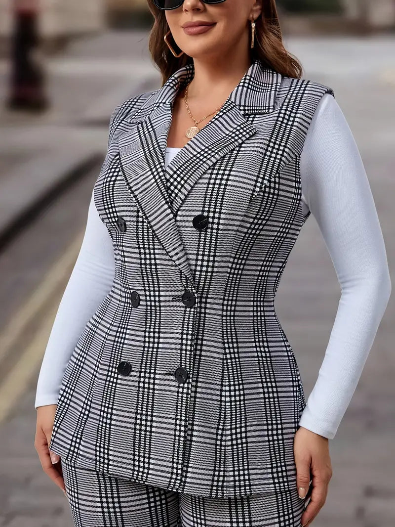 Plus Size Plaid Print Two-Piece Set Double-Breasted Jacket Straight-Leg Trousers
