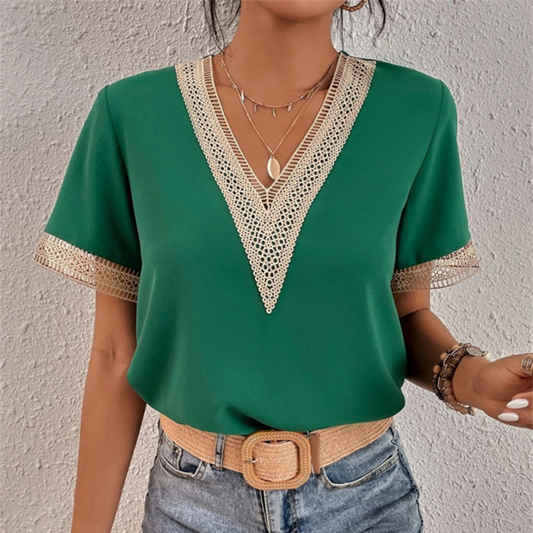 V-Neck Blouse Loose Fit Lace Trim