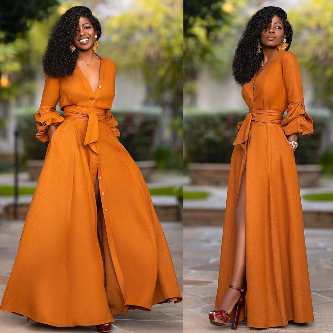 Maxi Dress A-Line Long Sleeve V-Neck