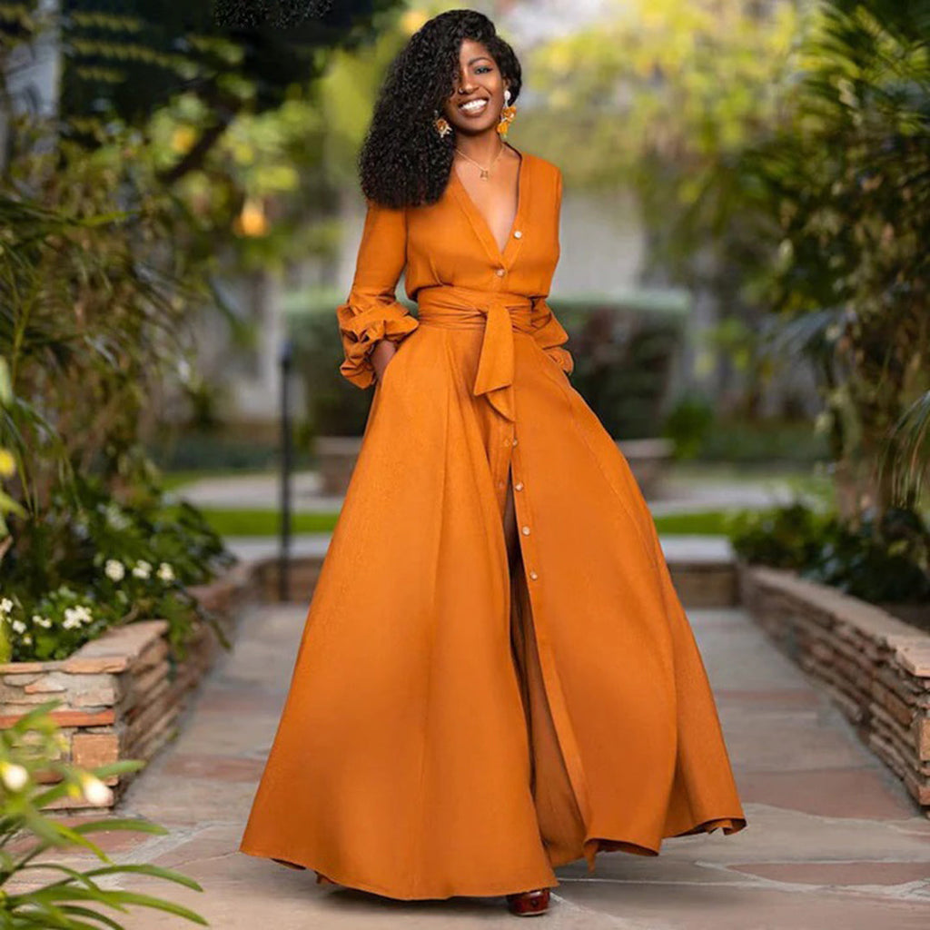 Maxi Dress A-Line Long Sleeve V-Neck
