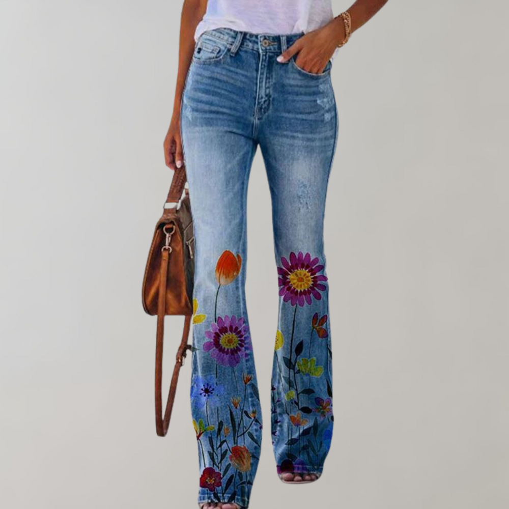 Flared Jeans High Waist Floral Print