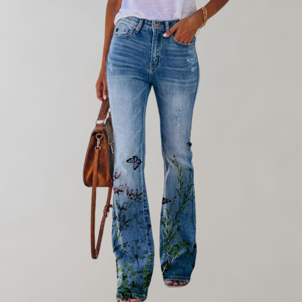 Flared Jeans High Waist Floral Print