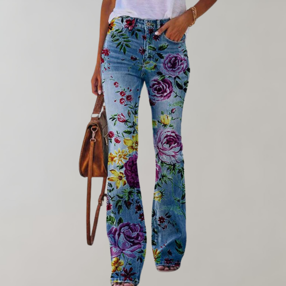 Flared Jeans High Waist Floral Print