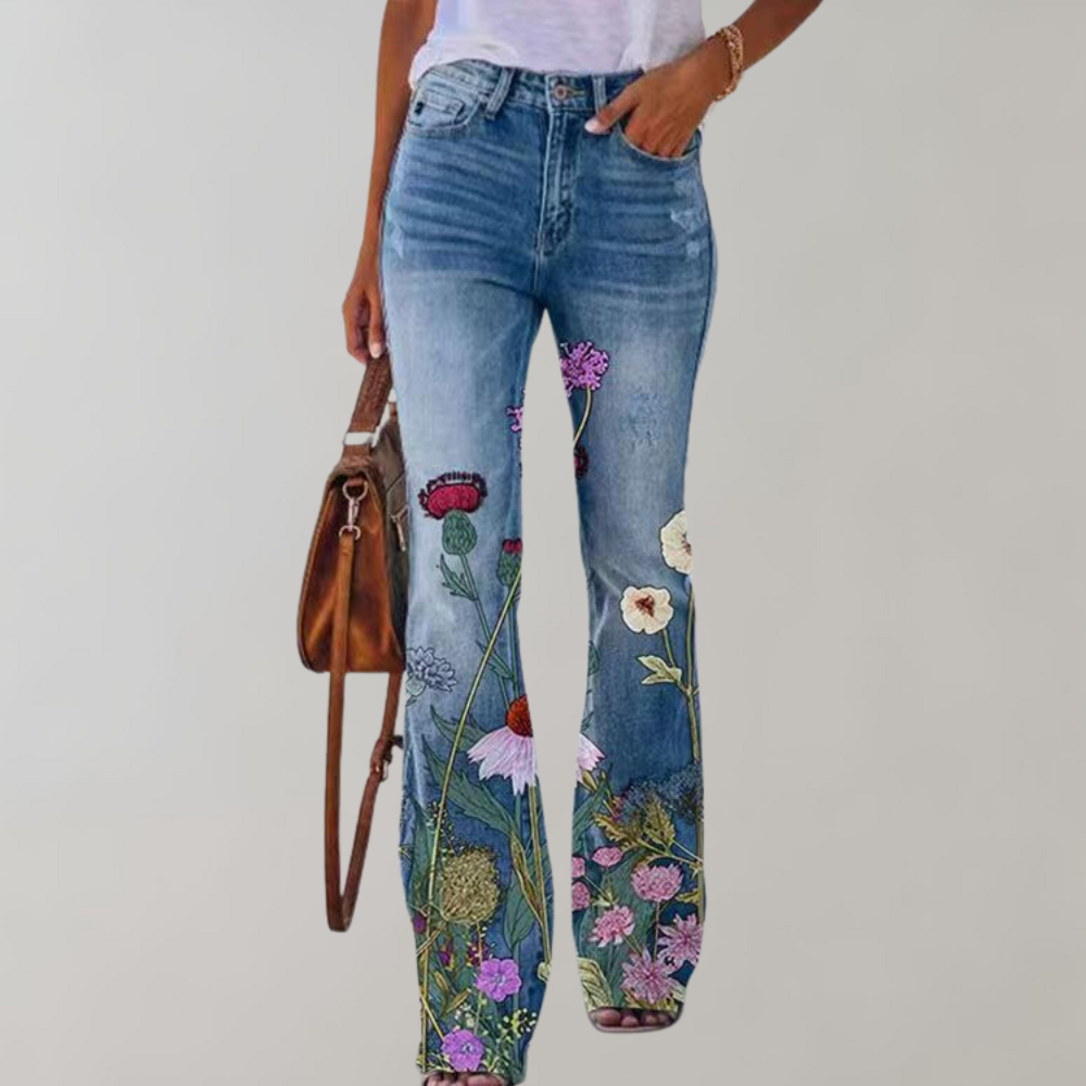 Flared Jeans High Waist Floral Print