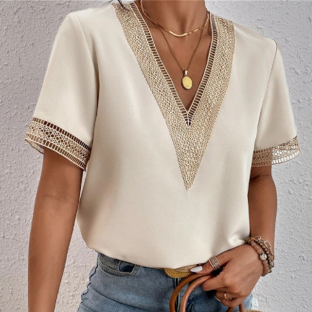 V-Neck Blouse Loose Fit Lace Trim