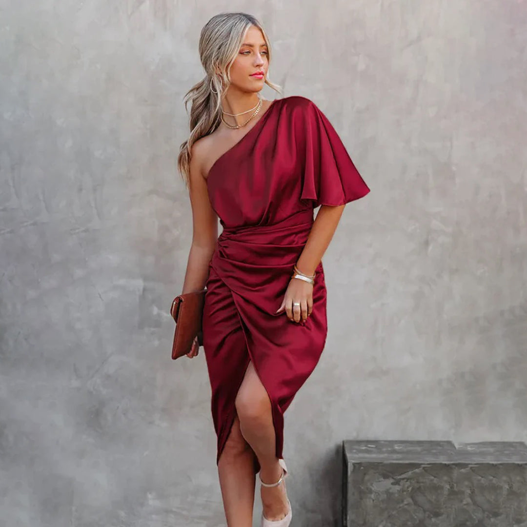 Asymmetric One-Shoulder Midi Dress Fitted Silhouette