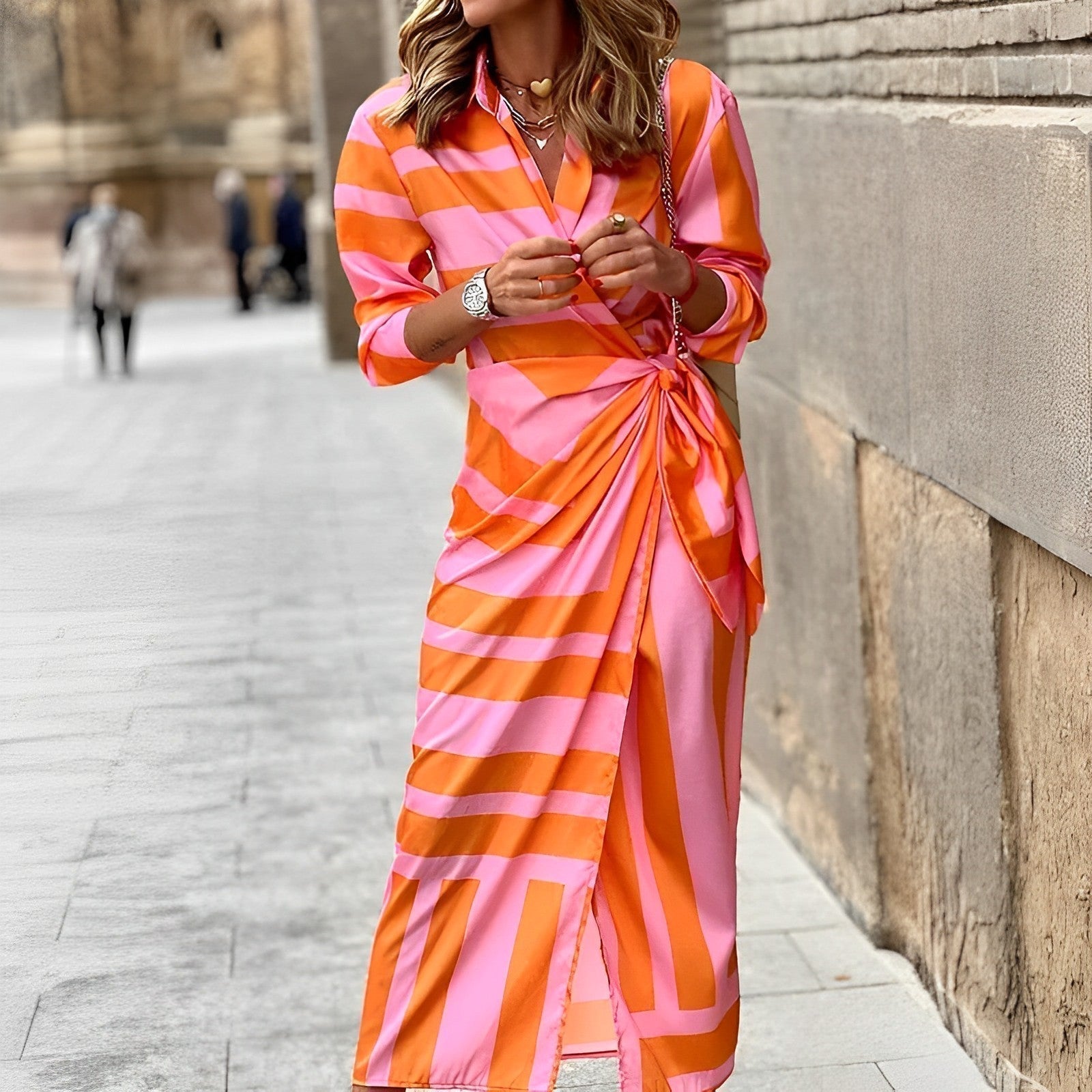 Wrap Dress with Vertical Stripes Midi