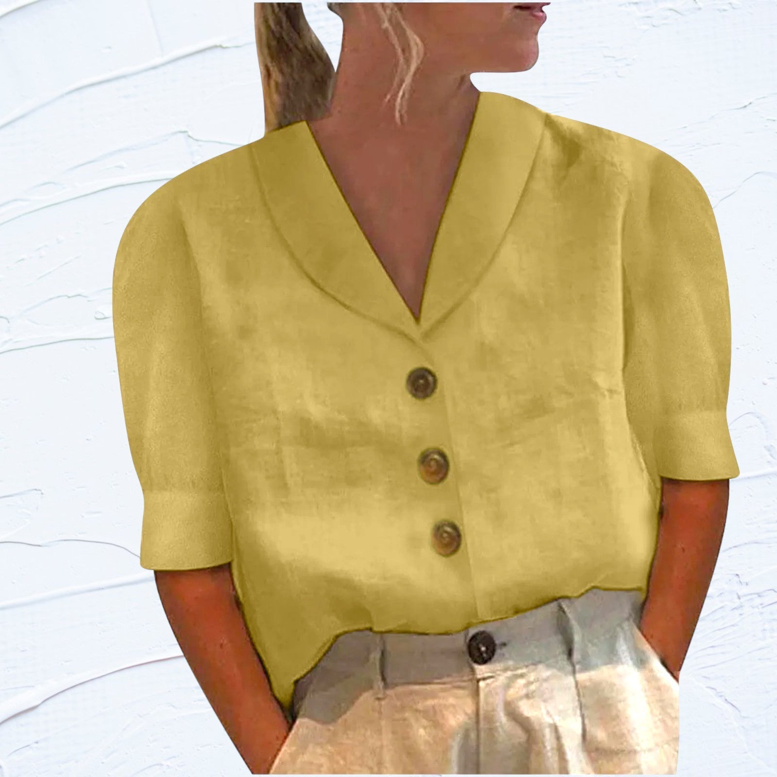 Loose Top with V-Neck and Button Placket