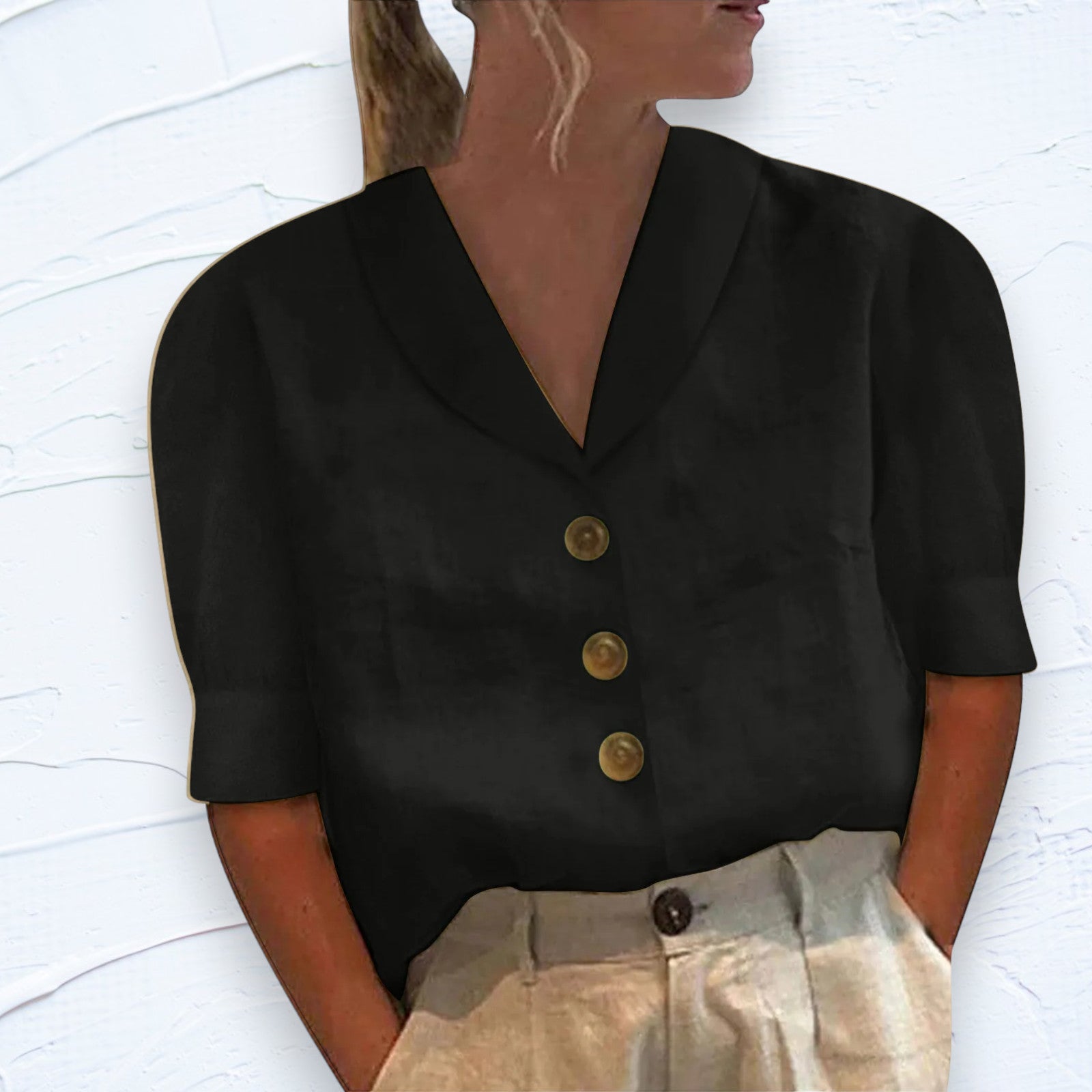 Loose Top with V-Neck and Button Placket