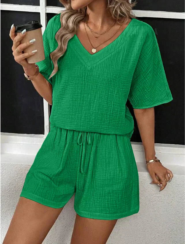 Two-Piece Set V-Neck Shirt Shorts