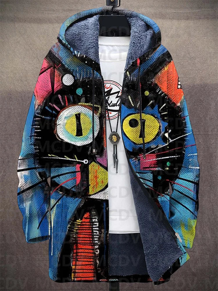 Coat Straight Cut Long Sleeve Cat Pattern