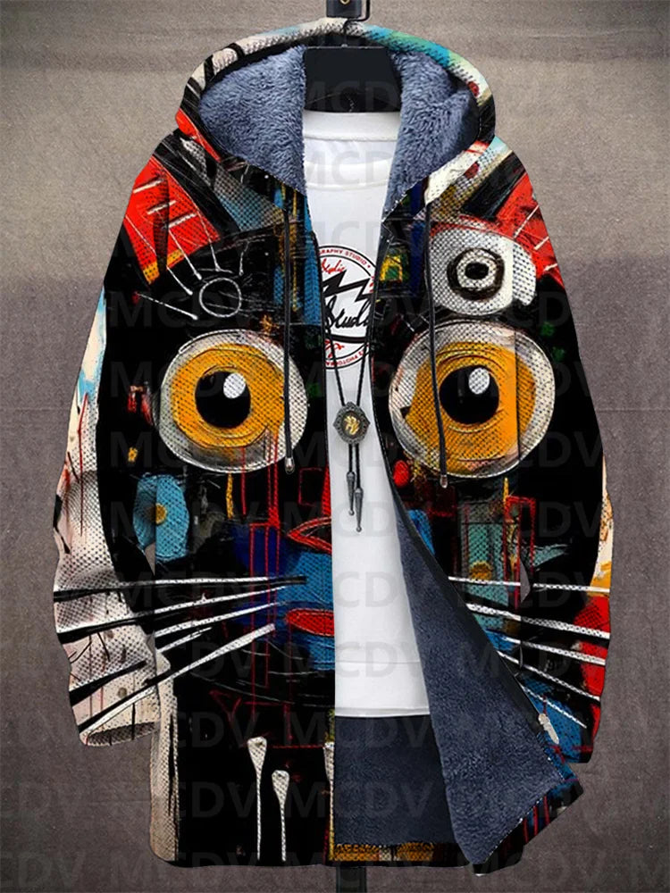 Coat Straight Cut Long Sleeve Cat Pattern