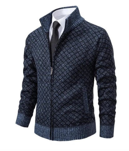 Cardigan Straight Shape Hip-Length Knitted Jacquard Pattern