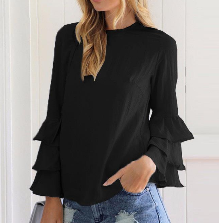 Loose Tunic with Flounce Sleeves Asymmetrical Hem