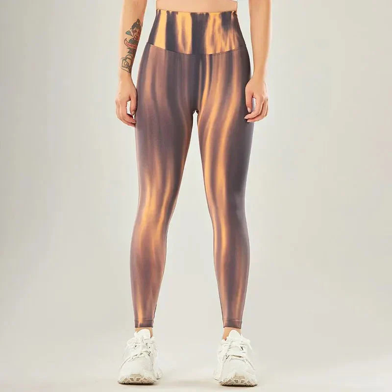 High Waist Leggings Long Length Fitted Wave Pattern