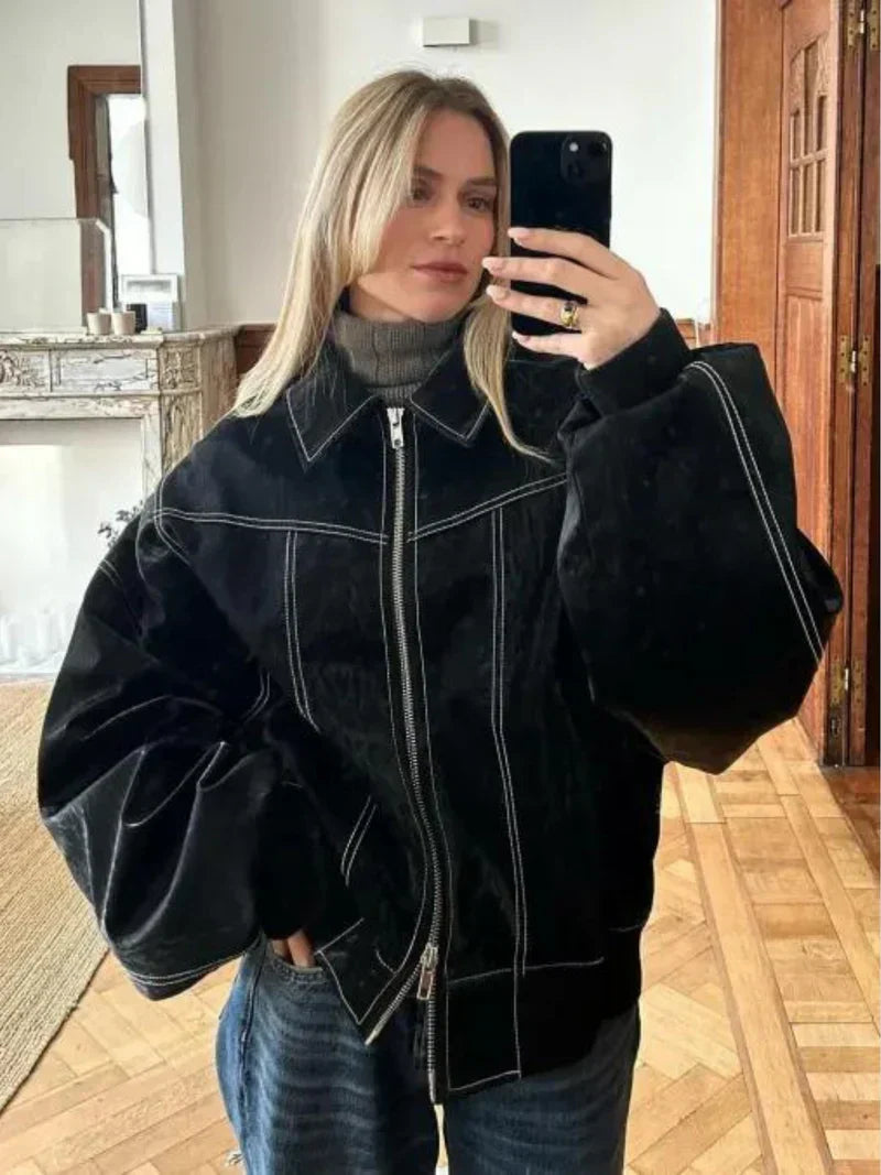 Leather Jacket Straight Cut Long Sleeve