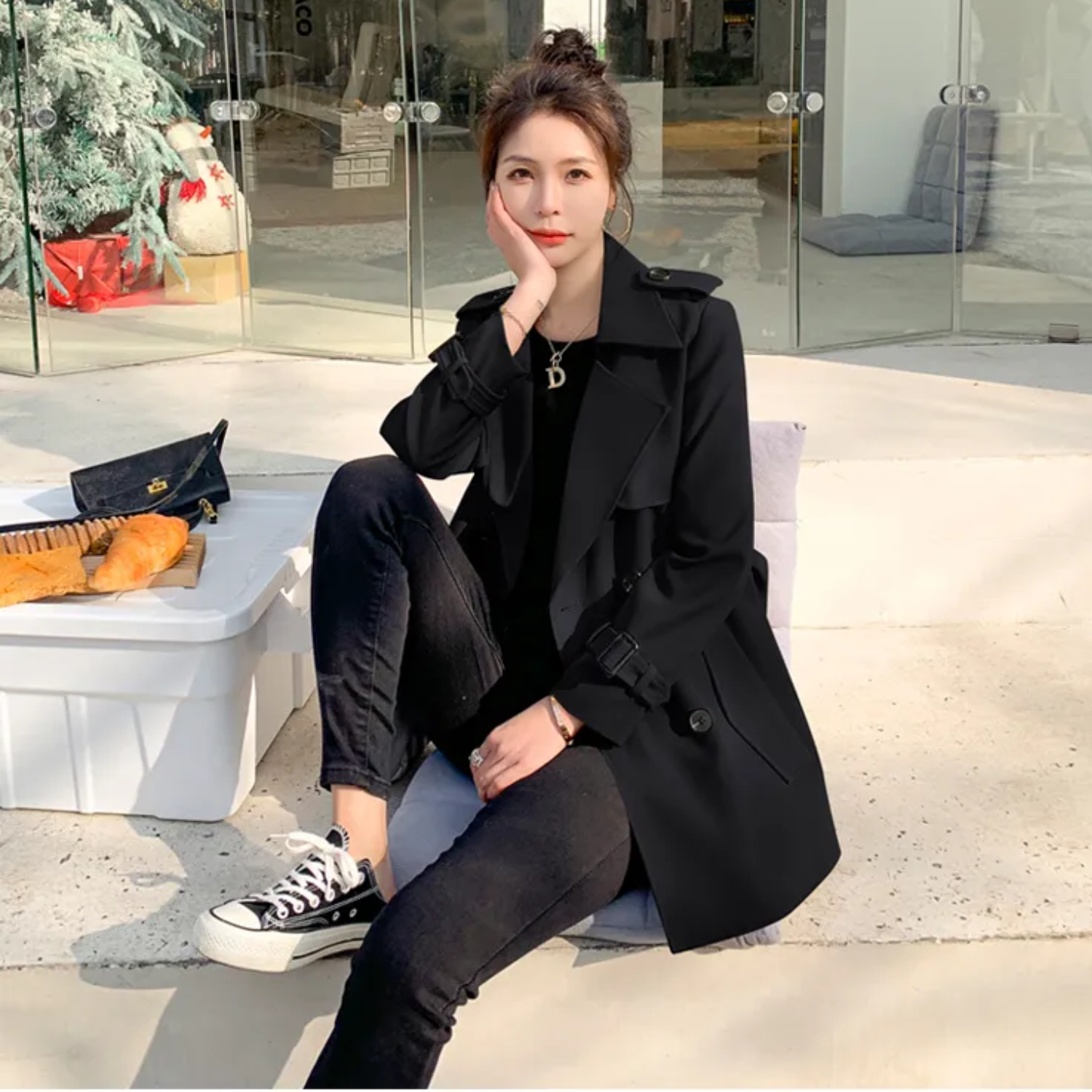 Women’s Long Trench Coat Straight Shape Double-Breasted