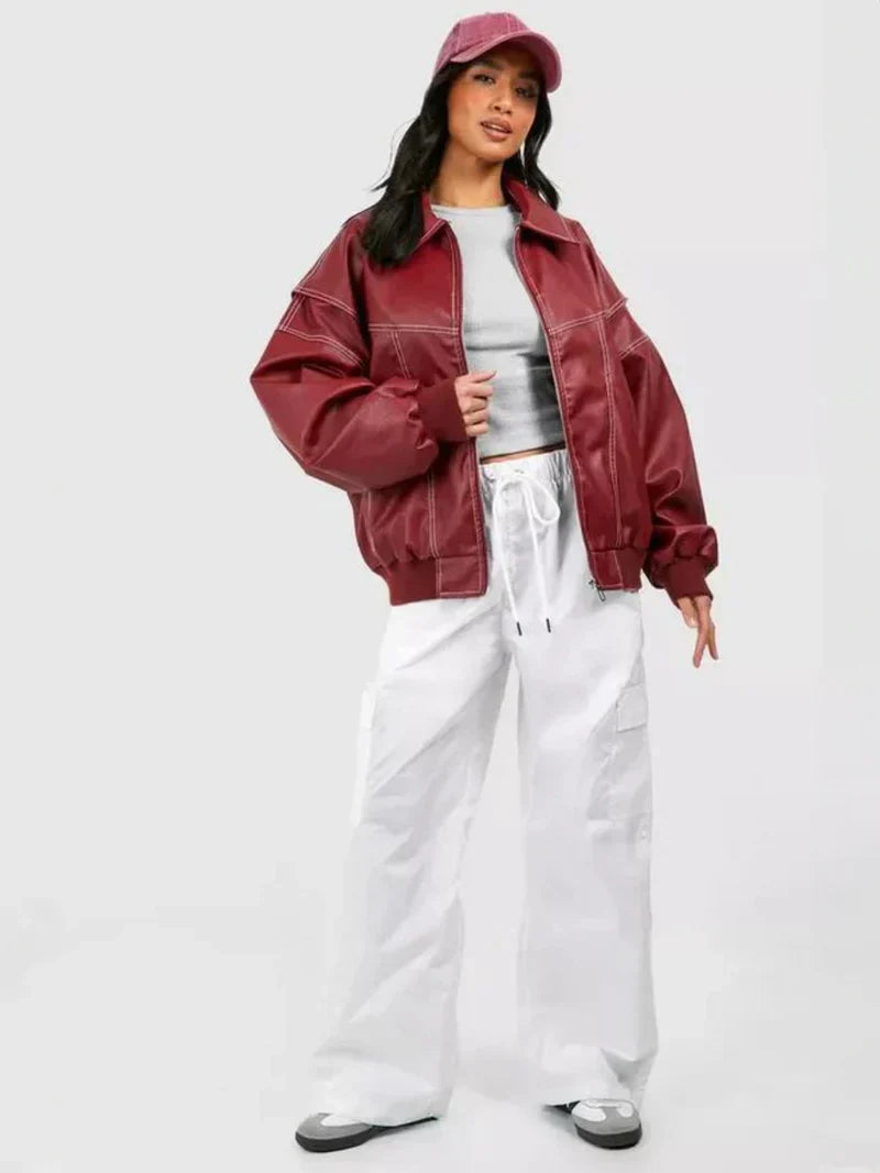 Leather Jacket Straight Cut Long Sleeve