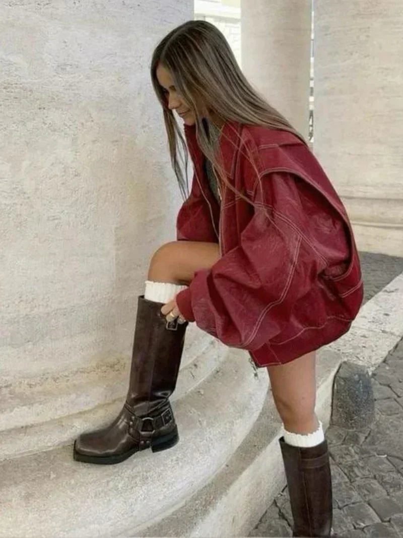 Leather Jacket Straight Cut Long Sleeve