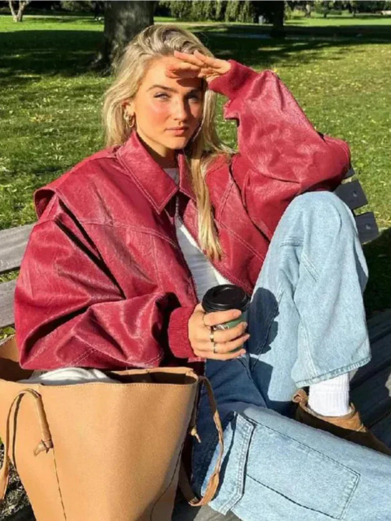 Leather Jacket Straight Cut Long Sleeve