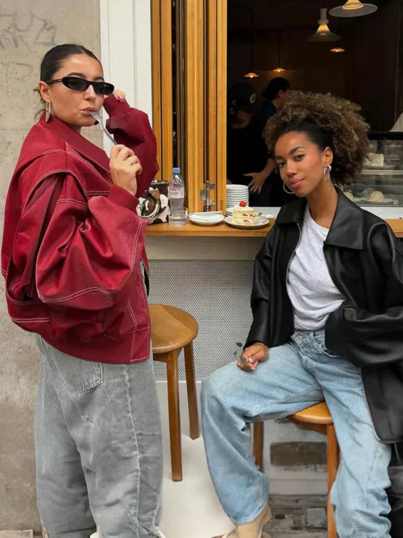 Leather Jacket Straight Cut Long Sleeve