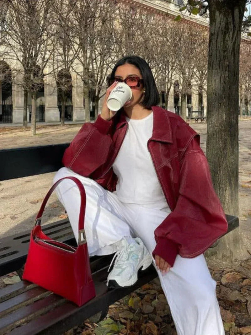 Leather Jacket Straight Cut Long Sleeve