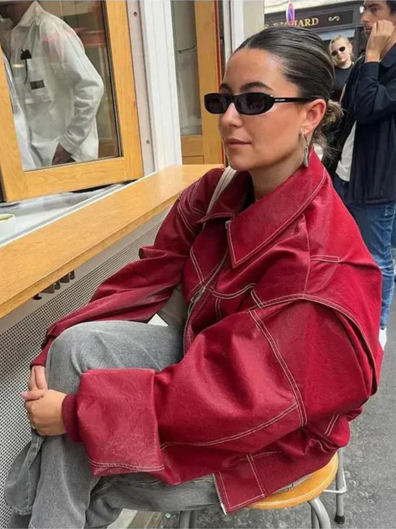 Leather Jacket Straight Cut Long Sleeve