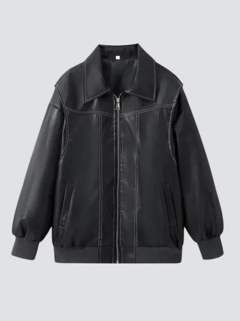 Leather Jacket Straight Cut Long Sleeve