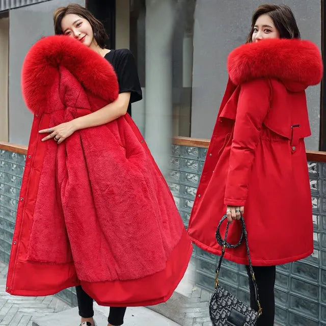 Long Wool Coat Straight Shape Full Length with Detachable Hood and Fur Collar