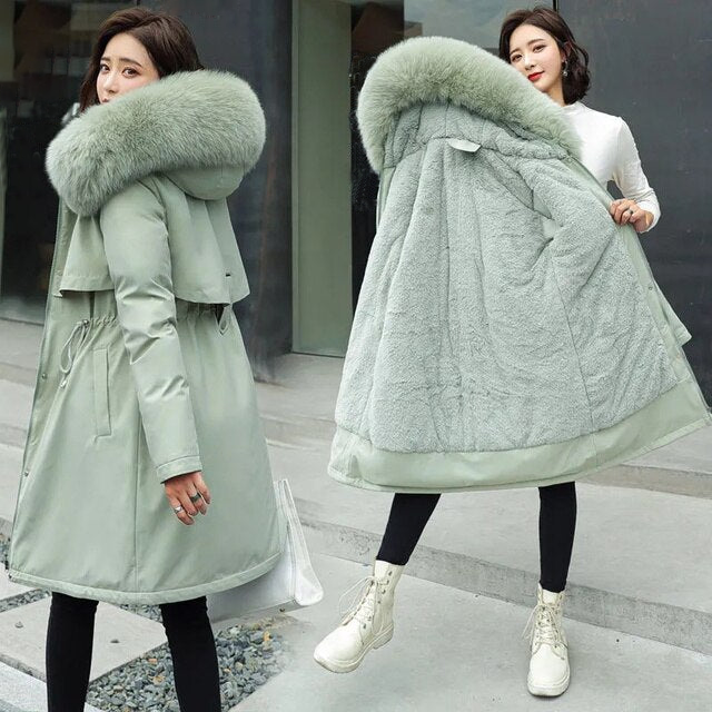 Long Wool Coat Straight Shape Full Length with Detachable Hood and Fur Collar